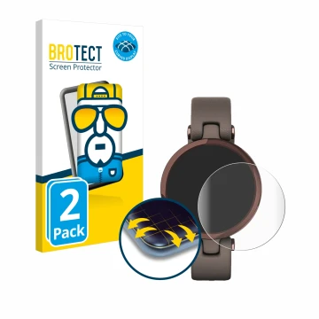 Front side of a product packaging with the brand logo BROTECT. Next to it is the device Garmin Lily shown with the correspondi