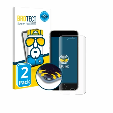 Front side of a product packaging with the brand logo BROTECT. Next to it is the device Apple iPhone SE 3 2022 shown with the 