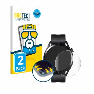 Front side of a product packaging with the brand logo BROTECT. Next to it is the device Huawei Watch GT 3 (46 mm) shown with t