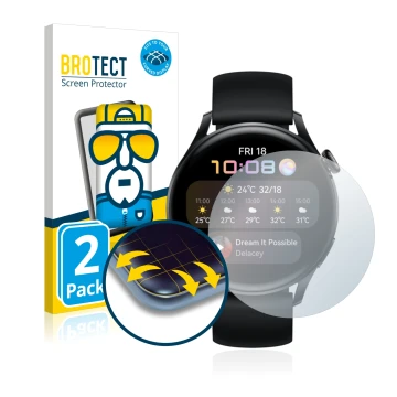 Front side of a product packaging with the brand logo BROTECT. Next to it is the device Huawei Watch 3 shown with the correspo