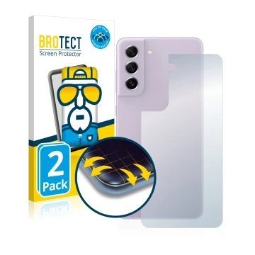 Front side of a product packaging with the brand logo BROTECT. Next to it is the device Samsung Galaxy S21 FE 5G (Back) shown 