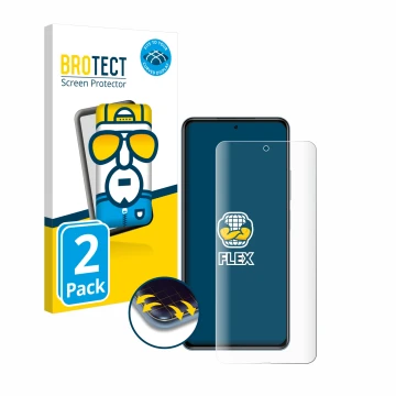 Front side of a product packaging with the brand logo BROTECT. Next to it is the device Xiaomi Poco F3 shown with the correspo