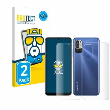 Front side of a product packaging with the brand logo BROTECT. Next to it is the device Xiaomi Redmi Note 10 5G (Front+Back) s