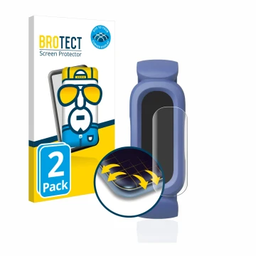 Front side of a product packaging with the brand logo BROTECT. Next to it is the device Fitbit Ace 3 shown with the correspond