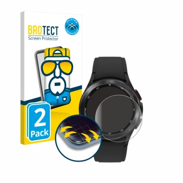 Front side of a product packaging with the brand logo BROTECT. Next to it is the device Samsung Galaxy Watch 4 Classic (42mm) 