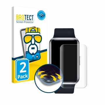 Front side of a product packaging with the brand logo BROTECT. Next to it is the device Huawei Watch Fit Elegant shown with th