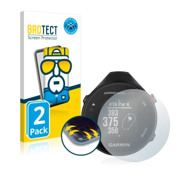 Front side of a product packaging with the brand logo BROTECT. Next to it is the device Garmin Approach G12 shown with the cor