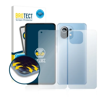 Front side of a product packaging with the brand logo BROTECT. Next to it is the device Xiaomi Mi 11 Lite 5G (Front+Back) show