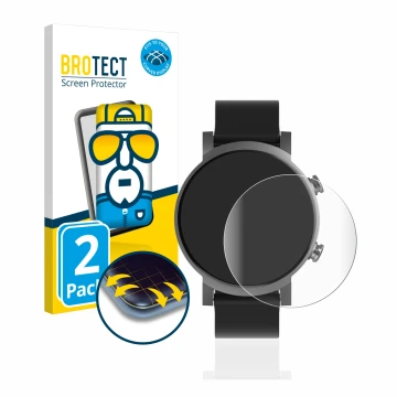 Front side of a product packaging with the brand logo BROTECT. Next to it is the device Mobvoi Ticwatch E3 shown with the corr