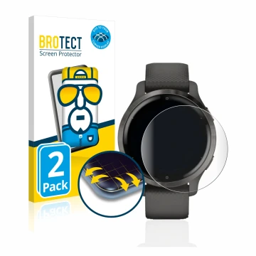 Front side of a product packaging with the brand logo BROTECT. Next to it is the device Garmin Venu 2S shown with the correspo