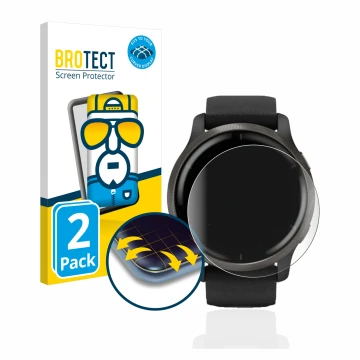 Front side of a product packaging with the brand logo BROTECT. Next to it is the device Garmin Venu 2 shown with the correspon