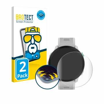 Front side of a product packaging with the brand logo BROTECT. Next to it is the device Garmin Forerunner 55 shown with the co