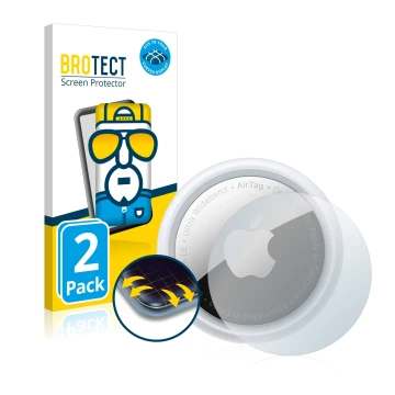 Front side of a product packaging with the brand logo BROTECT. Next to it is the device Apple AirTag shown with the correspond