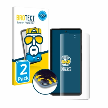 Front side of a product packaging with the brand logo BROTECT. Next to it is the device Google Pixel 6 shown with the correspo