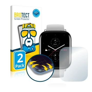Front side of a product packaging with the brand logo BROTECT. Next to it is the device Huami Amazfit Zepp E Square shown with
