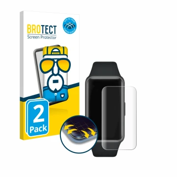 Front side of a product packaging with the brand logo BROTECT. Next to it is the device Huawei Band 6 shown with the correspon
