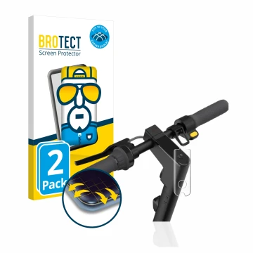 Front side of a product packaging with the brand logo BROTECT. Next to it is the device Segway Ninebot KickScooter MAX G30D II