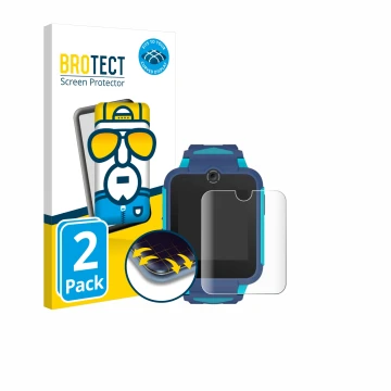 Front side of a product packaging with the brand logo BROTECT. Next to it is the device TCL Movetime Family Watch 2 shown with