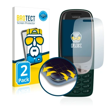 Front side of a product packaging with the brand logo BROTECT. Next to it is the device Nokia 6310 (2021) shown with the corre