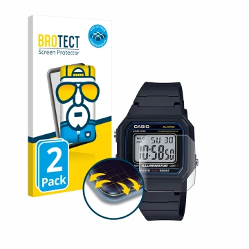 Front side of a product packaging with the brand logo BROTECT. Next to it is the device Casio Unisex W-800H-1BVES shown with t
