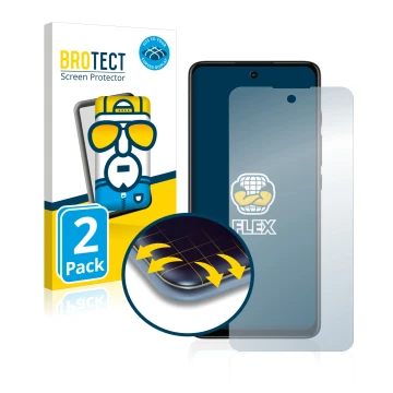 Front side of a product packaging with the brand logo BROTECT. Next to it is the device Motorola Moto G60S shown with the corr