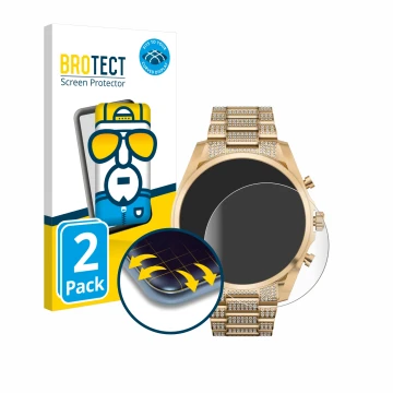 Front side of a product packaging with the brand logo BROTECT. Next to it is the device Michael Kors Access Gen 6 Bradshaw sho