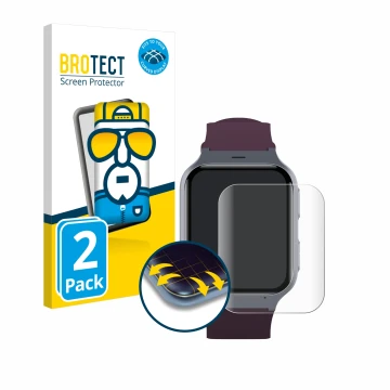 Front side of a product packaging with the brand logo BROTECT. Next to it is the device TCL Safety Watch MT43AX shown with the