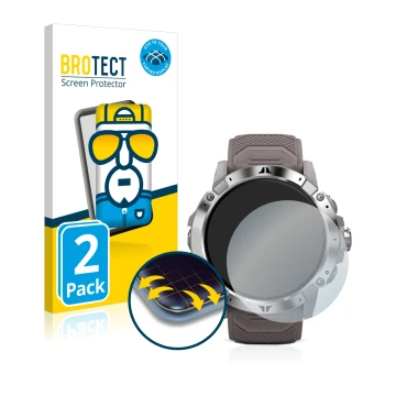 Front side of a product packaging with the brand logo BROTECT. Next to it is the device Coros Vertix 2 shown with the correspo