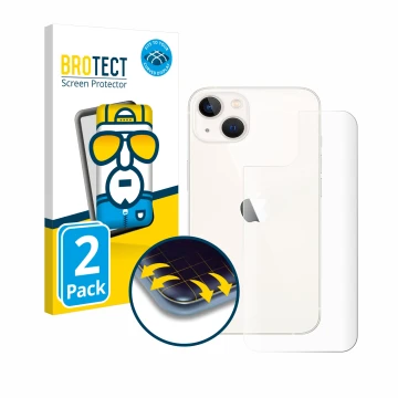 Front side of a product packaging with the brand logo BROTECT. Next to it is the device Apple iPhone 13 (Back) shown with the 