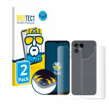 Front side of a product packaging with the brand logo BROTECT. Next to it is the device Fairphone 4 (Front+Back) shown with th