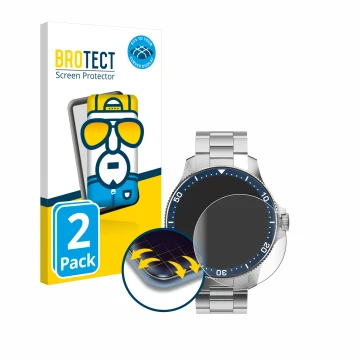 Front side of a product packaging with the brand logo BROTECT. Next to it is the device Withings ScanWatch Horizon (43 mm) sho