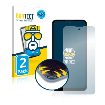 Front side of a product packaging with the brand logo BROTECT. Next to it is the device Motorola Moto E40 shown with the corre