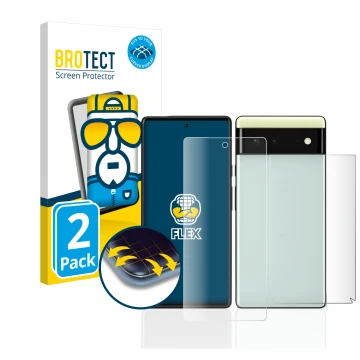 Front side of a product packaging with the brand logo BROTECT. Next to it is the device Google Pixel 6 (Front+Back) shown with