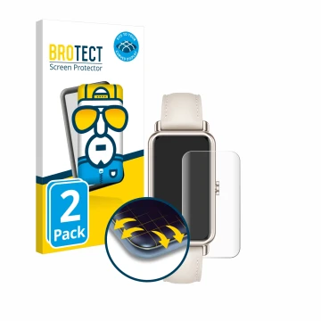 Front side of a product packaging with the brand logo BROTECT. Next to it is the device Huawei Watch Fit mini shown with the c
