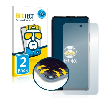 Front side of a product packaging with the brand logo BROTECT. Next to it is the device Xiaomi Poco M4 Pro 5G shown with the c