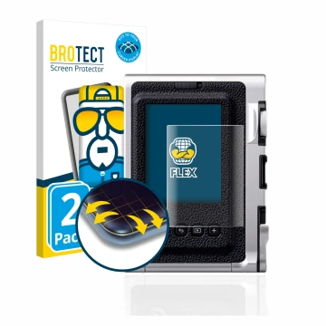 Front side of a product packaging with the brand logo BROTECT. Next to it is the device Fujifilm Instax Mini Evo shown with th