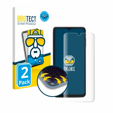 Front side of a product packaging with the brand logo BROTECT. Next to it is the device Samsung Galaxy A13 5G shown with the c