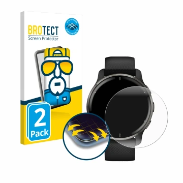 Front side of a product packaging with the brand logo BROTECT. Next to it is the device Garmin Venu 2 Plus shown with the corr