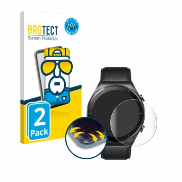 Front side of a product packaging with the brand logo BROTECT. Next to it is the device Xiaomi Watch S1 shown with the corresp