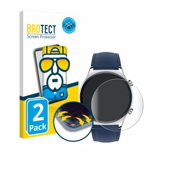 Front side of a product packaging with the brand logo BROTECT. Next to it is the device Honor Watch GS 3 shown with the corres