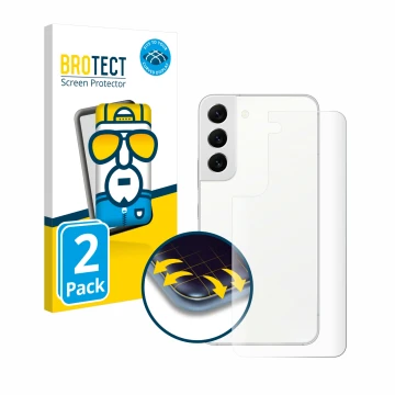 Front side of a product packaging with the brand logo BROTECT. Next to it is the device Samsung Galaxy S22 5G (Back) shown wit