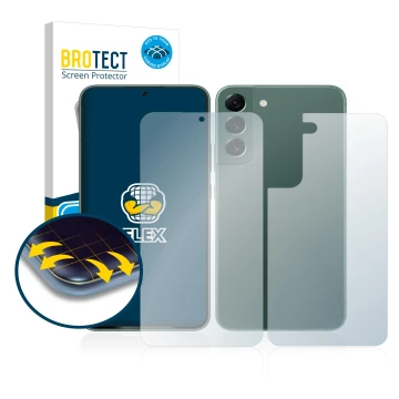 Front side of a product packaging with the brand logo BROTECT. Next to it is the device Samsung Galaxy S22 Plus 5G (Front+Back