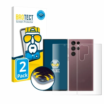 Front side of a product packaging with the brand logo BROTECT. Next to it is the device Samsung Galaxy S22 Ultra 5G (Front+Bac