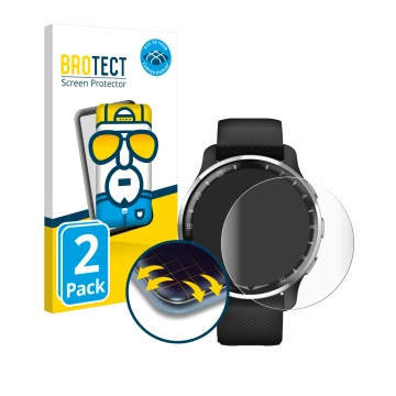 Front side of a product packaging with the brand logo BROTECT. Next to it is the device Garmin D2 Air X10 shown with the corre