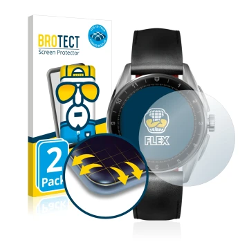 Front side of a product packaging with the brand logo BROTECT. Next to it is the device TAG Heuer Connected Calibre E4 (42 mm)