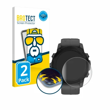 Front side of a product packaging with the brand logo BROTECT. Next to it is the device Garmin Descent G1 shown with the corre