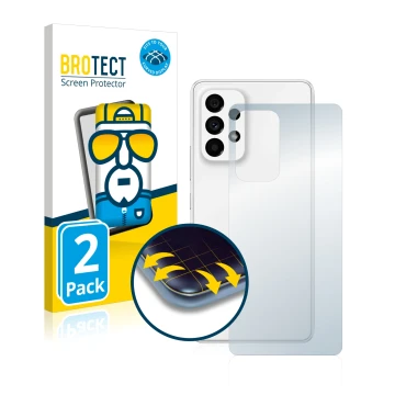 Front side of a product packaging with the brand logo BROTECT. Next to it is the device Samsung Galaxy A53 5G (Back) shown wit