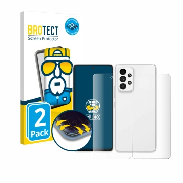 Front side of a product packaging with the brand logo BROTECT. Next to it is the device Samsung Galaxy A53 5G (Front+Back) sho