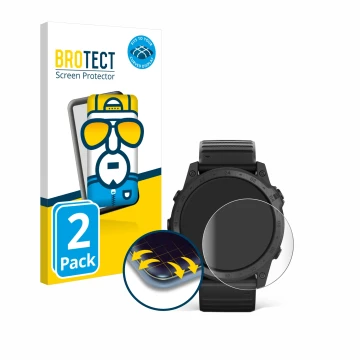 Front side of a product packaging with the brand logo BROTECT. Next to it is the device Garmin Tactix 7 Pro shown with the cor