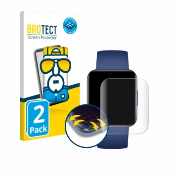 Front side of a product packaging with the brand logo BROTECT. Next to it is the device Xiaomi Poco Watch shown with the corre